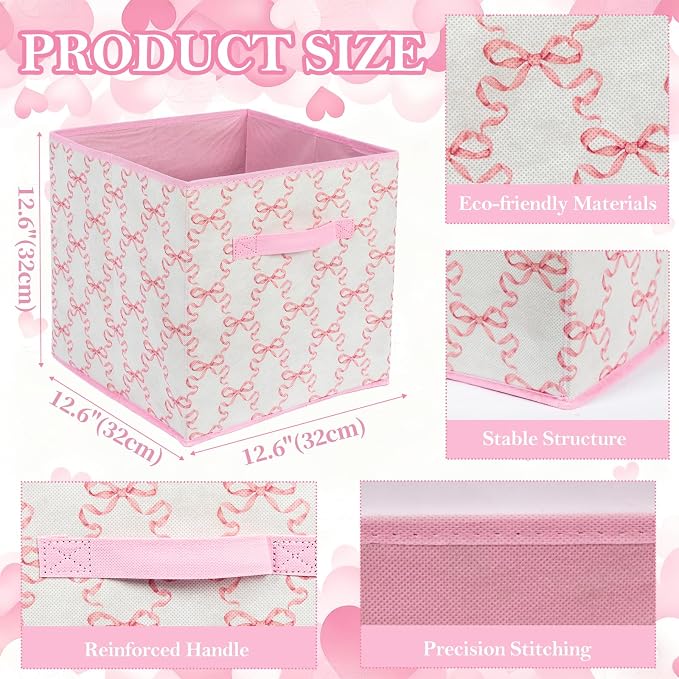 6 Pcs Pink Bow Cube Storage Bins 12.5 Inch Storage Basket with Handle, Cute Girls Organizer Basket, Collapsible Fabric Box for Classroom Bedrooms Office Home Decoration (Bow) - Image 3