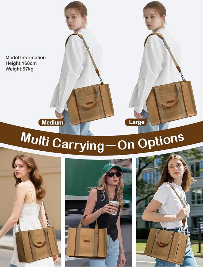 BESBESME Women’s Canvas Tote Bag with Zipper and Compartments – Multi-Pocket Laptop Work Crossbody Shoulder Tote Purse - Image 5