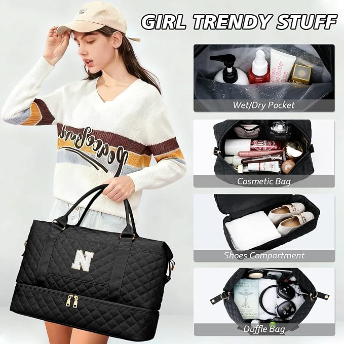 Women Gifts Travel Duffle Bag Initial Overnight Bags(Black,N) | Travel Gifts for Women-Overnight Bags with Toiletry Bag-Weekender Bags with Shoe Compartment for Travel - Image 5