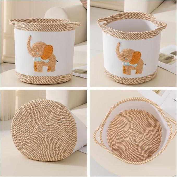 Baby Toy Basket Blanket Baskets Laundry Hamper Cute Elephant Nursery Organization Bins with Handle, Woven Cotton Rope Nursery Storage Basket For Girls Boys Kids Baby Shower Gifts Baskets - Image 7