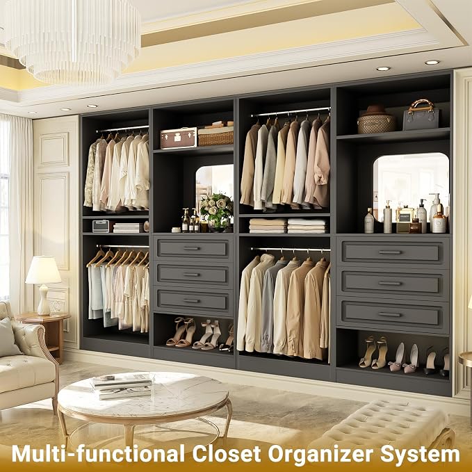 Unikito 100" Wood Closet System with Drawers and Mirror, Black | Large walk in wardrobe organizer with hanging rods and adjustable shelves, sturdy freestanding garment rack tower. - Image 5