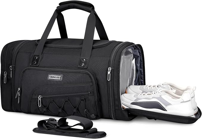 WITZMAN Mens Duffle Bag Expandable 50L Travel Gym with Shoe Compartment | Nylon, Large, With Dry-wet Pocket, Fits 16" Laptop, Carry-on Bag, For Sports Weekender Overnight, B695 Black by WITZMAN