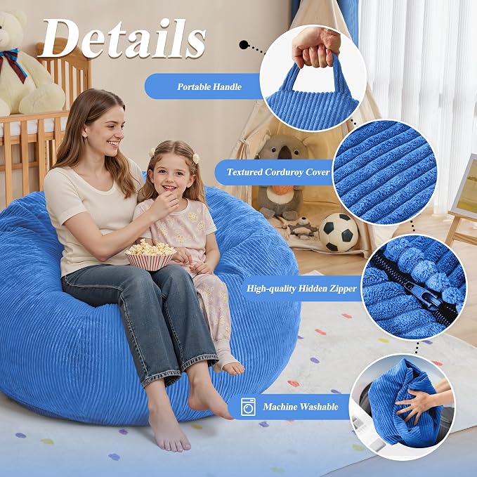 3FT Bean Bag Chair for Adults,3' Big Teardrop Beanbag with Filler | Beanbag Chair with Memory Foam Filled,Bean Bags with Handy Handle&Machine Washable Cover for Living Room,Bedroom-Blue - Image 5