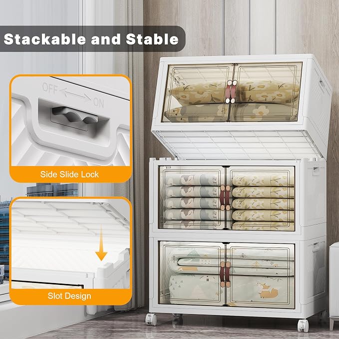 Stackable Storage Bins, 525QT Collapsible Drawers with 1 Lid | Large Capacity, Magnetic Door, Stack Lock, Rolling Wheels, Foldable Design, Organizers and Storage for Bedroom Dorm Garage - Image 4