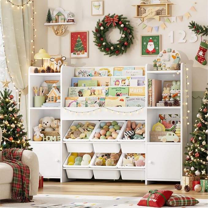 Toy Storage Organizer with 6 Toy Bins & 4 Tier Kids Bookshelf | Toy Organizer with 6 Cubbies, Kids Toy Organizers and Toy Storage with Bins, Playroom Storage and Toy Chest, White - Image 4