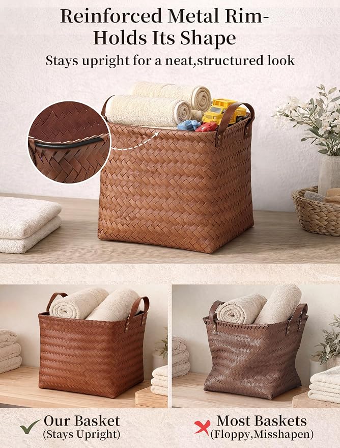 Wicker Storage Baskets, 4 Pack Woven Baskets for Shelves, Brown | PP Rattan, Water-resistant Wicker Basket, Large Baskets with Faux Leather Handles for Blanket, Laundry Organizer, Room Decor - Image 5