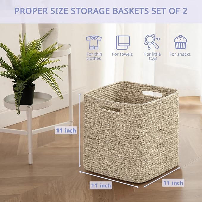 OIAHOMY 2 PACK Cube Storage Bin 11 Inch Collapsible Storage Cube Brown | Cube Storage Organizer Storage Bins for Shelves Baskets for Organizing Woven Rope Storage Baskets - Image 2