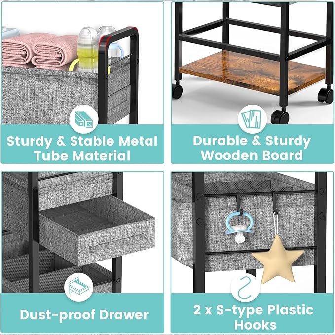 LIDTOP 2In1 Baby Diaper Caddy & 4-Tier Rolling Diaper Cart, Diaper Caddy Organizer Cart with Dividers & Drawer, Mobile Metal Bedside Cart for Nursery Essentials Storage, Large Capacity - Image 6