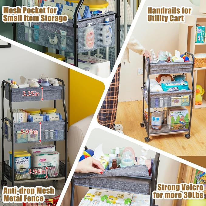 3-Tier Baby Diaper Caddy Organizer and Storage Cart, Mobile Metal Utility Cart with Rolling Wheels for Nursery Essentials with 4+2 Dividers, Large Capacity Rolling Cart For Bedroom, Bathroom, Nursery - Image 8