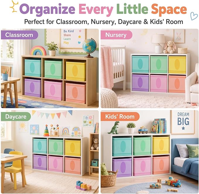 Glooglitter 6 Pack 11 Inch Crayon Fabric Storage Cube with Handles Pastel Collapsible Bin Classroom Must Have Foldable Colorful Closet Bin Basket for Nursery Classroom School Playroom Shelves - Image 6