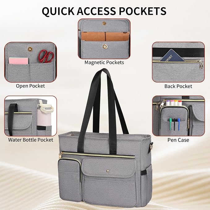 ESTARER Teacher Tote Bag for Women 2Pcs, 15.6'' Laptop Work Bag Computer bag w/Expandable File Folder, Large Water-Resistant Messenger Shoulder bag w/Insulated Pocket for Office/Travel/College, Grey - Image 6