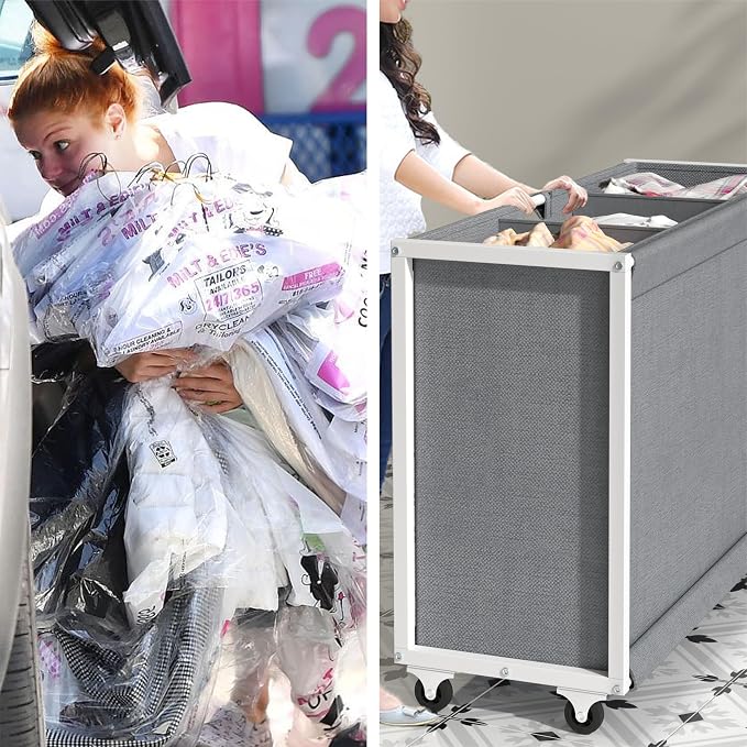 Laundry Hamper Laundry Basket with 3 Section Pull-Out Rolling Bags, Laundry Sorter for Organization and Storage with 2 Pull-Out Drawers for Laundry Room (White+Grey, 32.68'' x 31.81'' x 12.6'') - Image 3