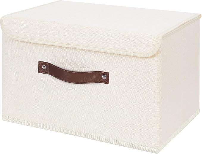 ANMINY Fabric Storage Box Bins with Lids, Beige, 15"x10"x10" | Keepsake Memory Storage, Cotton Linen, PP Board Reinforced, Washable, PU Handles, Foldable & Stackable, Decorative, Large by ANMINY