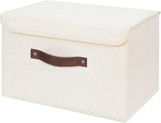 ANMINY Fabric Storage Box Bins with Lids, Beige, 15"x10"x10" | Keepsake Memory Storage, Cotton Linen, PP Board Reinforced, Washable, PU Handles, Foldable & Stackable, Decorative, Large by ANMINY