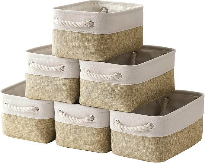 Storage Basket for Shelves - 12x8x5.2 inch Small 6 Pack Collapsible Storage Bin for Closet with Handles, Fabric Storage Cubes for Cloth Organizer Gift Toy Decorative (White & Khaki) by TheWarmHome