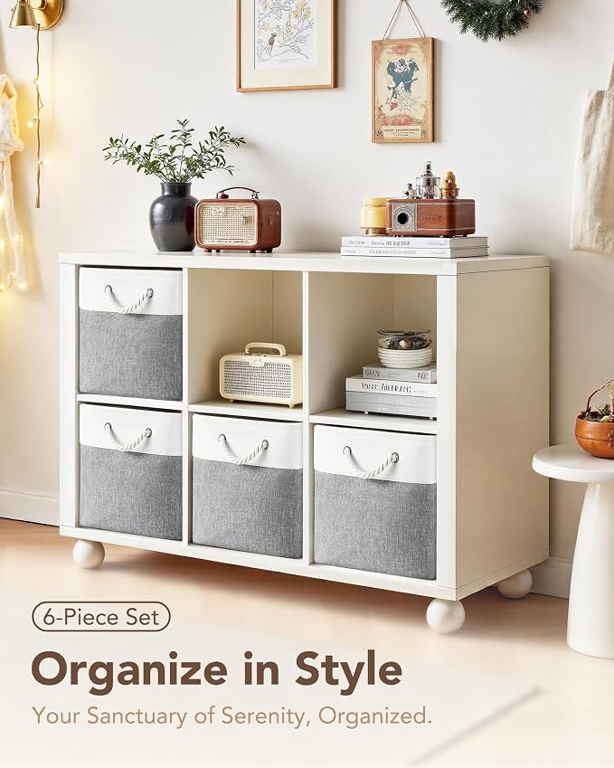13x15x13 Inch Large Storage Bins with Cotton Rope Handles 6-Pack | Foldable, Top support of metal frame, Bottom with Cardboard Support, Fabric Cube Storage Bins for Closet, White Gray - Image 3