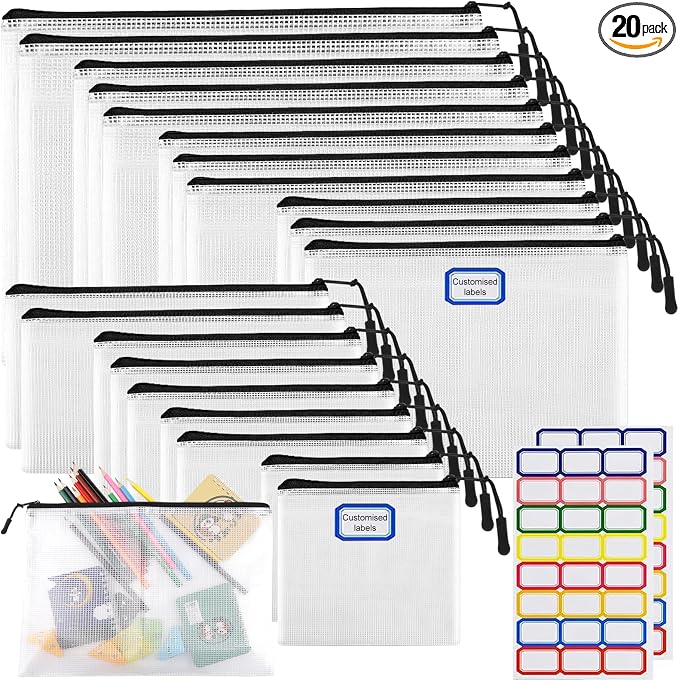 YOPCDJ 20pcs Multisize Mesh Zipper Pouch, Waterproof Bags for Office Supplies, 8 Sizes Waterproof Plastic Document Pouch, Bags for Travel Storage, Office Supply and Home Organize by YOPCDJ