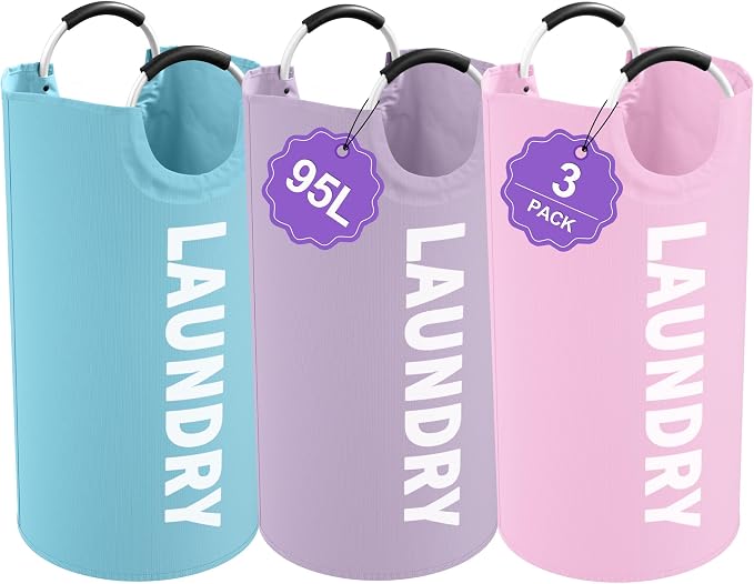 3PCS 95L Collapsible Laundry Basket, Oxford Hamper with Handle for Family | IHOMAGIC Freestanding Dirty Clothes Hamper, Laundry Bin, Storage Basket for Bedroom, Living Room, Pink+Blue+Purple by IHOMAGIC