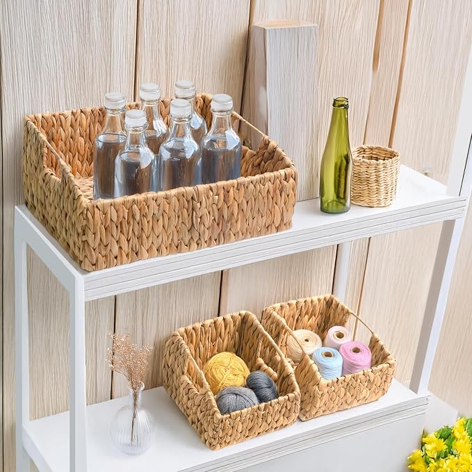 KOKODO Rectangular Wicker Storage Baskets for Shelves, Set of 3 Water Hyacinth Woven Bins with Handles, Open Front Pantry Shelf Organizer for Closet, Bedroom, Boho Decorative, Natural - Image 4