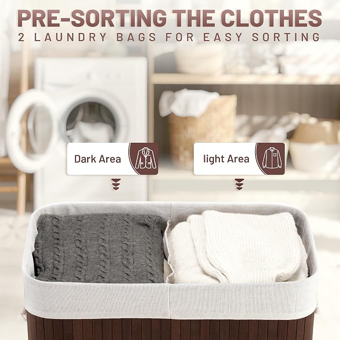 Aliphon 100L Laundry Hamper with lid, 2-Section Clothes Laundry Basket with Handles, Large Collapsible Bamboo Baskets for Bedroom, Bathroom, Dorm, Brown - Image 3