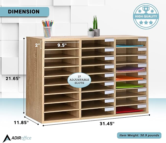 AdirOffice Classroom Mailbox - Wooden Literature Organizer, Construction Paper Storage Organizer, Mail Sorter with Slots, Office Mailboxes with Removable Shelf (27 Slot, Oak) - Image 3