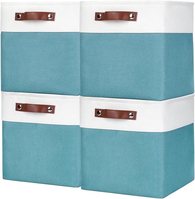 Collapsible Fabric Storage Cubes 11x11 Cube Storage Bins, 4 Pack Closet Baskets Box with Handles for Organizing, Shelf, Toys, Clothes, Home, Office, Nursery (Teal&White) by Bagnizer