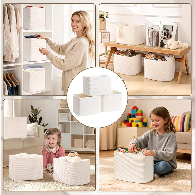 3 Pack Cube Storage Bin, 17”x12”x12” Cotton Rope Woven Baskets for Organizing Toys Clothes Towels, Square Gift Storage Baskets for Shelves, Nursery, Closet, Bathroom, Pantry (White) - Image 8