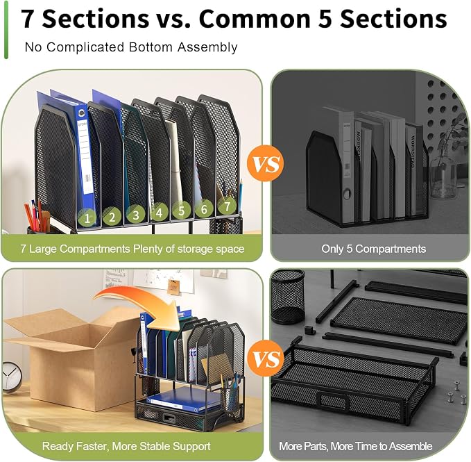 FANXIYQ Metal Desk Organizer with Sliding Drawer, 7-Section File Organizer for Desk, Desktop File Folder & Paper Organizer with 2 Hanging Pen Holders, Office Supplies Organizer, Black - Image 6