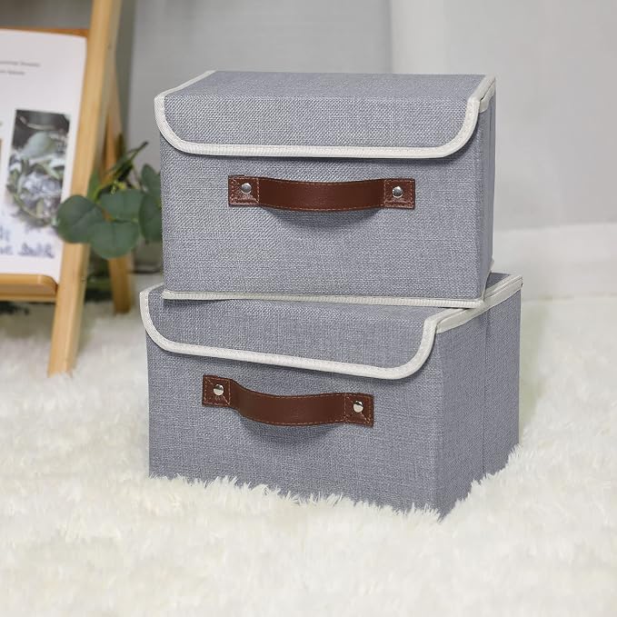 ANMINY Fabric Storage Box Bins with Lids, Gray, 10"x8"x7", 2 Pack | Keepsake Memory Storage, Cotton Linen, PP Board Reinforced, Washable, PU Handles, Foldable & Stackable, Decorative, Small - Image 6