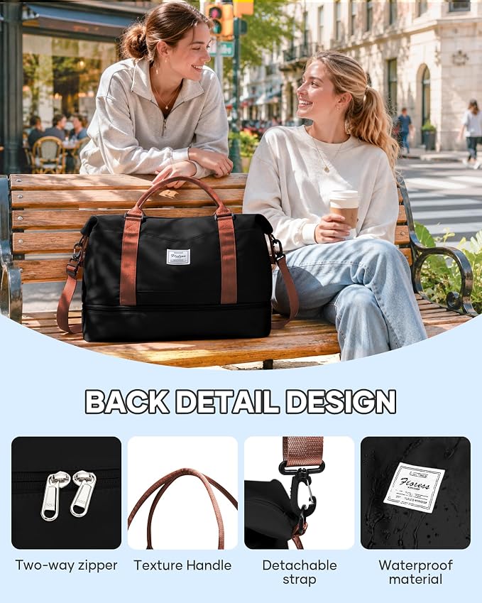 Travel Duffel Weekender Bag Women Tote Carry On Bags With Shoe Compartment | 18x14x8 inches Travel Overnight Bags with Trolley Sleeve for Airplanes Waterproof Sport Tote Gym with Toiletry Bag BlackBrown - Image 5