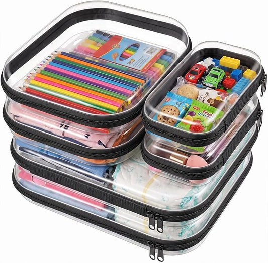 6PCS Clear Hard Shell Zipper Case 13.8 * 11.8 * 2 IN (Black) | Transparent shell for easy item access. Works as cosmetic bag, toy pouch, diaper organizer and pencil case. by Calantre