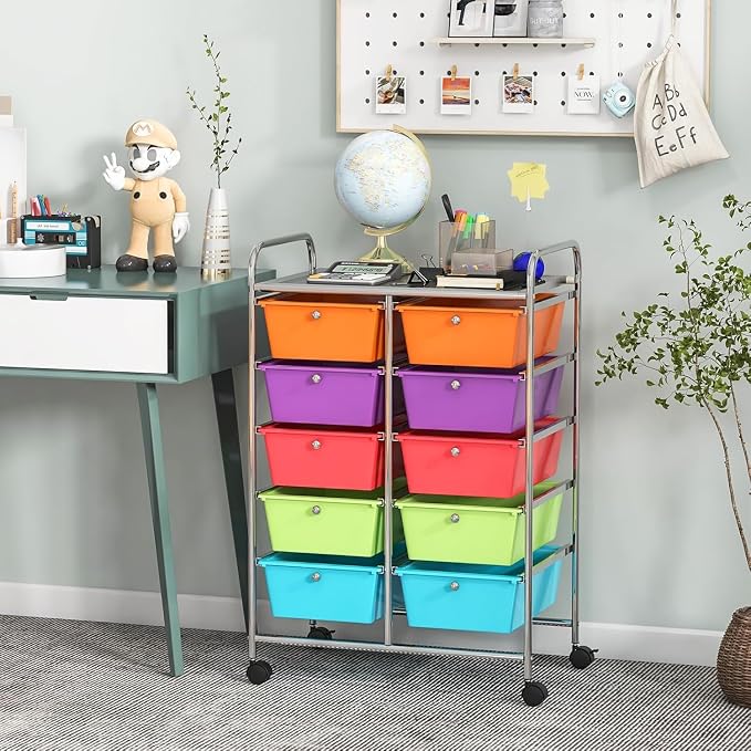 10 Drawer Rolling Cart, Storage Cart Organizer on Wheels, Drawer Cart with Metal Frame & Large Storage Capacity, Rolling Cart with Drawers for Living Room Classroom, Office - Image 8