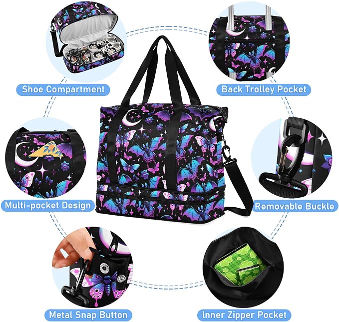 Travel Duffel Tote Bag Neon Purple and Bats Stars and Moons Sports Duffel Bag with Wet Pocket Weekender Overnight Bag for Women Men Gym Bag, Carry On Bag Hospital Bag for Labor and Delivery - Image 2