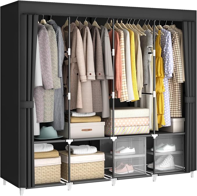 67" Portable Wardrobe Closet for Hanging Clothes Large Capacity for Bedroom | Non-woven Fabric Cover, 4 Clothes Hanging Rods, 8 Storage Shelves, Black by MOGELAFOO