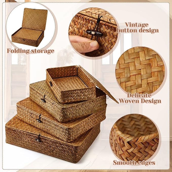 Didaey Set of 4 Seagrass Basket with Lid Wicker Storage Basket Decorative Storage Boxes with Lids Flat Storage Bins Woven Organizer Baskets for Shelf Closet Bedroom, 4 Sizes (Brown) - Image 3