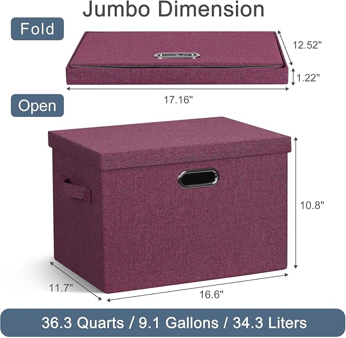Storage Bins with Lids Fabric Closet Organizers Cubes Office Organization | 36 Quart 3 Pack Purple Collapsible Stackable Linen Fabric 4 Handles Bedroom Closet Cabinet Under Bed Clothes Toy Office File - Image 2