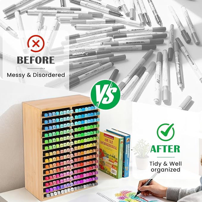 Bamboo Marker Organizer for 224 Markers, Desktop Marker Storage Holder | 28 Compartments, Large Capacity, Space-saving, FSC-certified Bamboo, No Assembly - Image 3