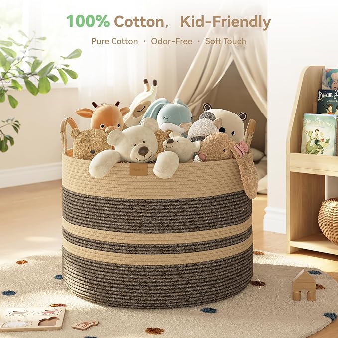 Nunsino 115L Woven Blanket Basket with Leather Handles, Cotton Rope Laundry Basket Hamper,Decorative Nursery Basket Toy Storage Basket for Kids, Living Room, Bedroom, Dark Brown Stripes - Image 3