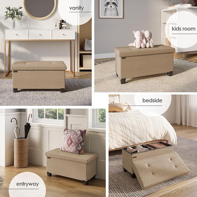 Storage Ottoman Bench with Bins, 30-in Storage Bench for Bedroom End of Bed, Folding Foot Rest Ottoman for Living Room Max 660lbs, Fabric Ottomans, Taupe - Image 4