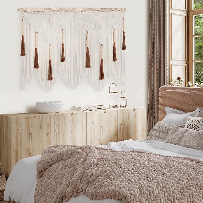 Large Macrame Wall Hanging, Boho Woven Tapestry with Wood Bead Tassel | Minimalist Above Bed Decor, Bohemian Wall Art, Handmade Cotton Woven, for Bedroom Living Room Apartment - Image 6