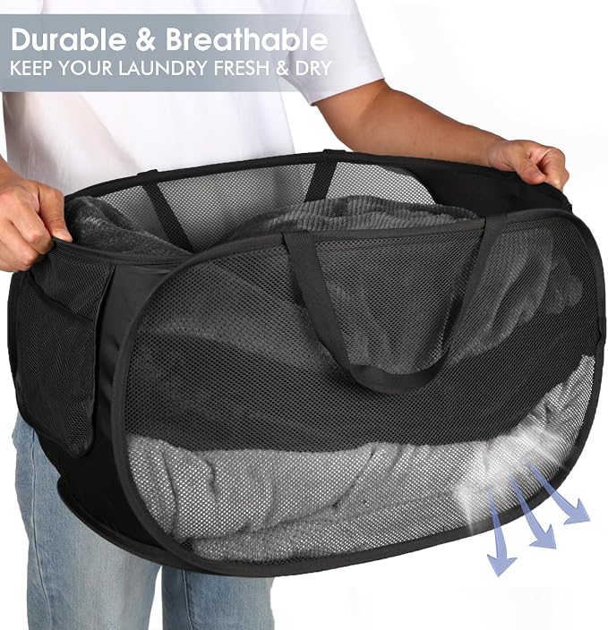 Sturdy Collapsible Laundry Baskets- Pop Up Laundry Hampers with Handy Pocket, Foldable Clothes Hamper with Reinforced Carry Handles for Laundry, Bathroom, Kids Room, Dorm or Travel Black - Image 4