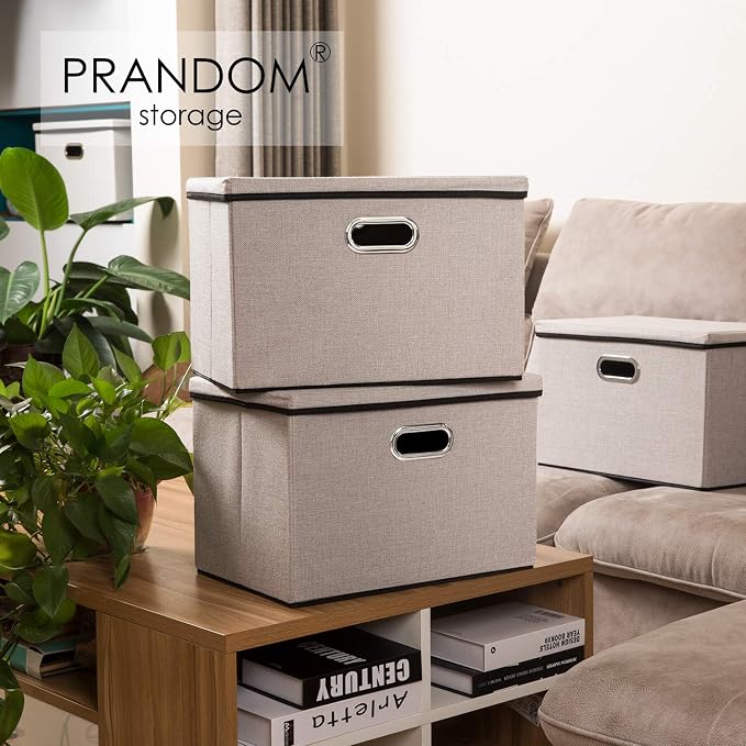 Large Foldable Storage Bin with Lid [1-Pack] Linen Fabric Decorative Storage Box Organizer Container Basket Cube with Handles Divider for Closet Office Living Room Light Grey(17.7x11.8x11.8) - Image 2