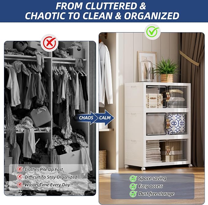 SAILUN 108QT/27Gal Stackable Storage Bins with a Lid, Collapsible Storage Bins With Doors, Folding Cabinet for Home Closet Organization,3 Pack-17.7" W x 11.8" D x 30.3" H White - Image 2