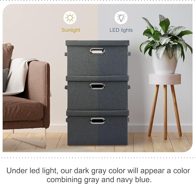 Graciadeco Medium 15" 21 Quart Collapsible Stackable Storage Bins with Lids, 3 Packs Dark Grey Foldable Fabric Closet Boxes Heavy-duty Linen Cube Baskets Container for Bedroom Office (15 x 11 x 8) | 21 Quart 3 Pack Dark Gray Collapsible Stackable Linen... - Image 6