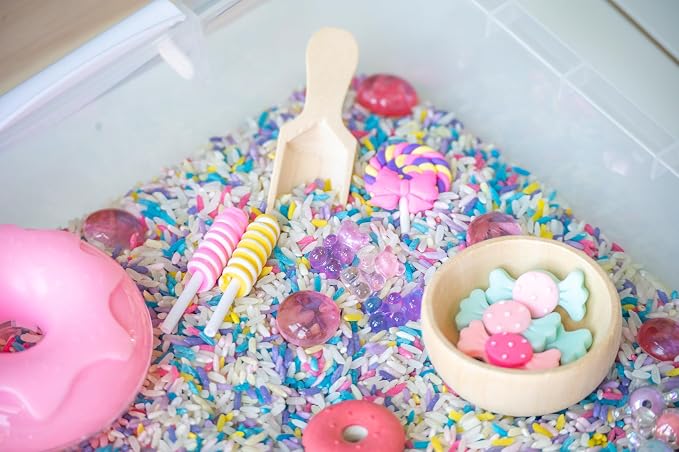 Sweets Shop Sensory Bin Kit for Kids | Bright Rainbow Rice, Candy Erasers, Donut Containers & Wooden Tools – Includes Clear Storage Bin - Image 2
