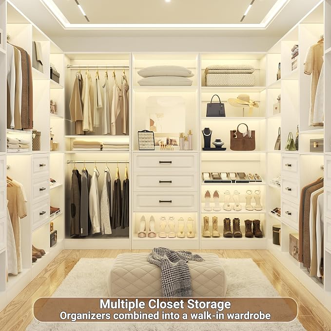Unikito 75" Modular Closet System with 3 Sets, Mirror & Drawers, White | Hanging Rods & Adjustable Shelves, Freestanding Wood Wardrobe Garment Rack, Walk in Tower Clothes Storage Organizer Unit - Image 6