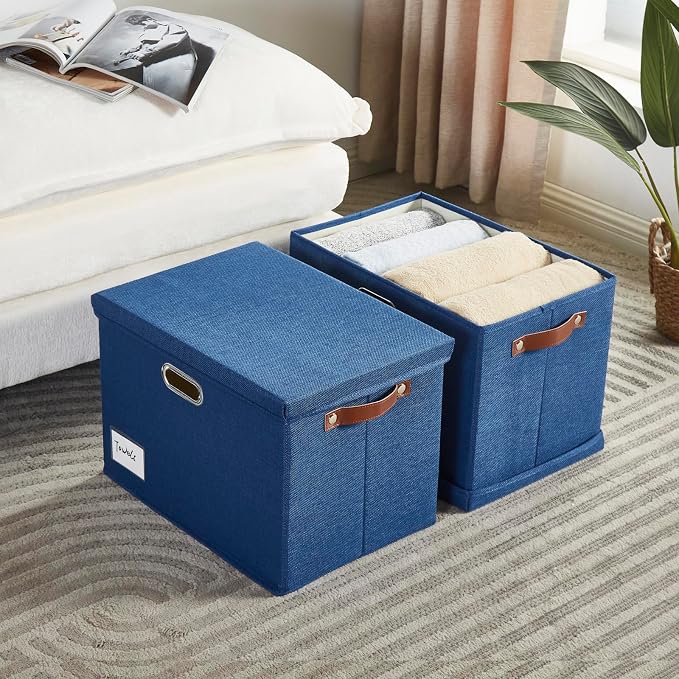 15" Fabric Storage Box with Lids, 3-Pack, Navy | Stackable, Foldable, 2 PU Handles and 2 Metal Handles, Decorative Fabric, For Home, Bedroom, Closet, Office, Nursery - Image 3