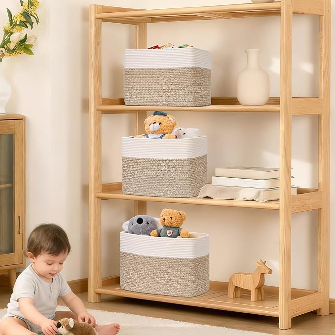 3 Pack Cube Storage Bin, 17”x12”x12” Cotton Rope Woven Baskets for Organizing Toys Clothes Towels, Square Gift Storage Baskets for Shelves, Nursery, Closet, Bathroom, Pantry (White & Jute) - Image 7