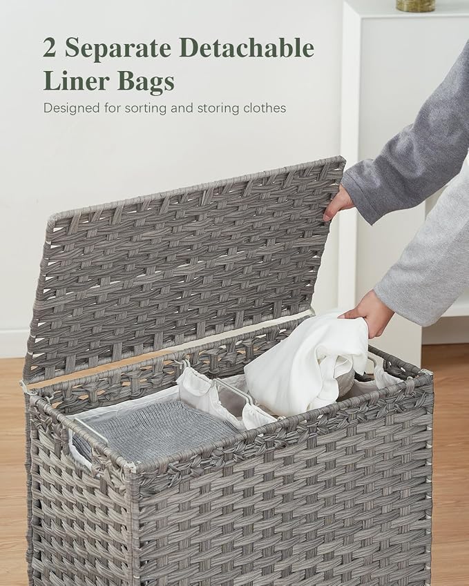 SETVSON Laundry Hamper with Lid, 112 L Handwoven PE Rattan Wicker, Gray | 2-Section Large Basket, 2 Removable Liner Bags, Heightened Metal Feet, 6 Mesh Laundry Bags, Foldable Side Handles - Image 4
