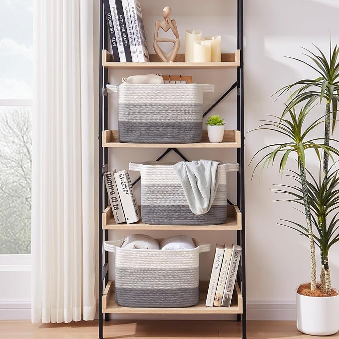 OIASKET Storage Baskets for Organizing, Woven Baskets for Shelves, Rectangle Decorative Organizer for Storage Clothes, Toy, Books, Towels Nursery Bins 3 Pack (Gradient Grey, 14.17"x9.85"x9.45") - Image 3